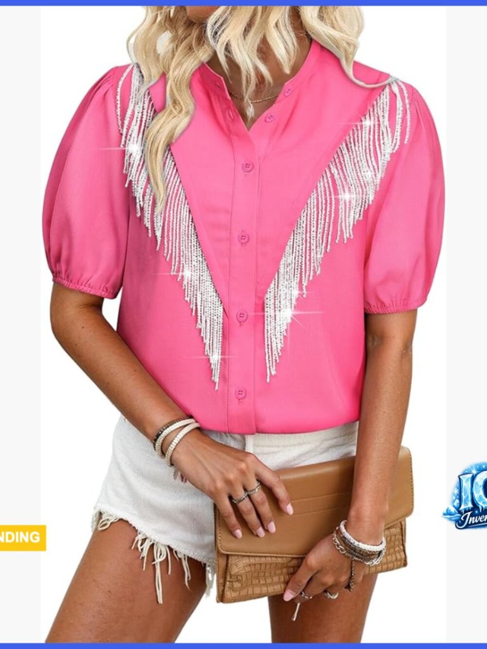 Puff Short Sleeve Western Cowgirl Button Down Shirt Sparkly Fringe Top